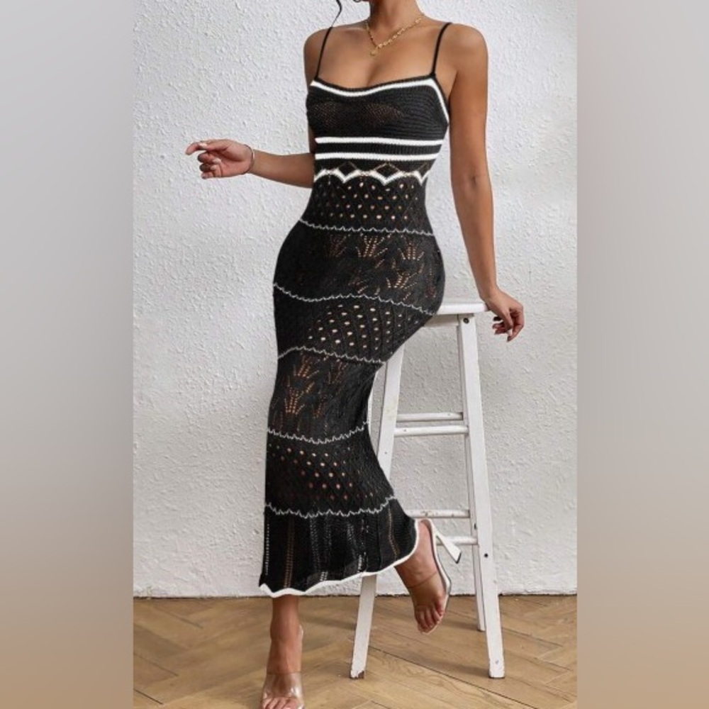 NEW Black And White Spaghetti Strap Knit Dress